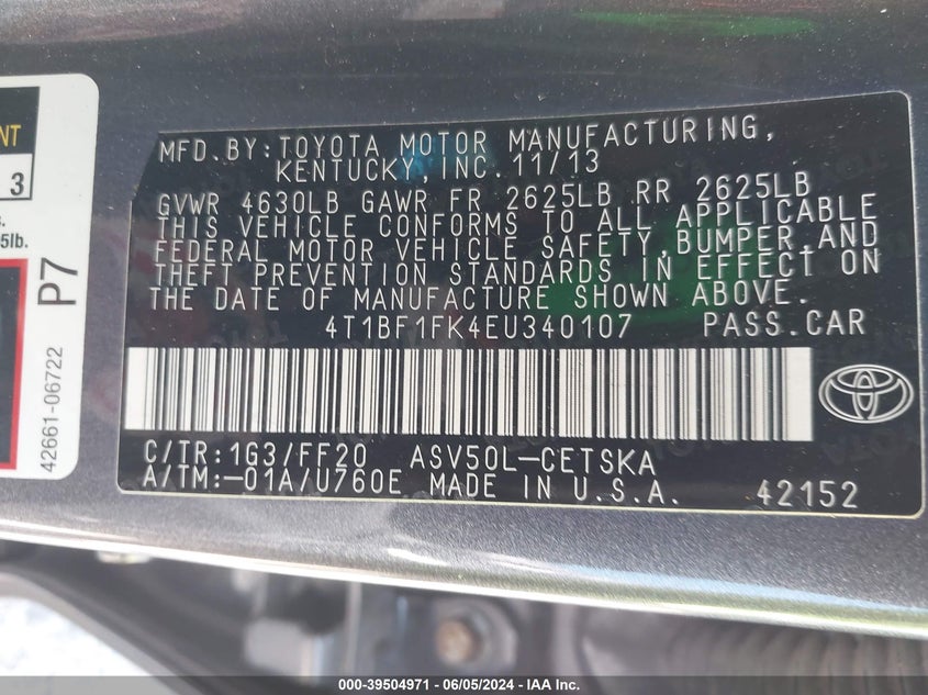 2014 Toyota Camry Se VIN: 4T1BF1FK4EU340107 Lot: 39504971