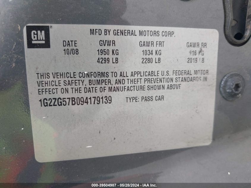 2009 Pontiac G6 VIN: 1G2ZG57B094179139 Lot: 39504987