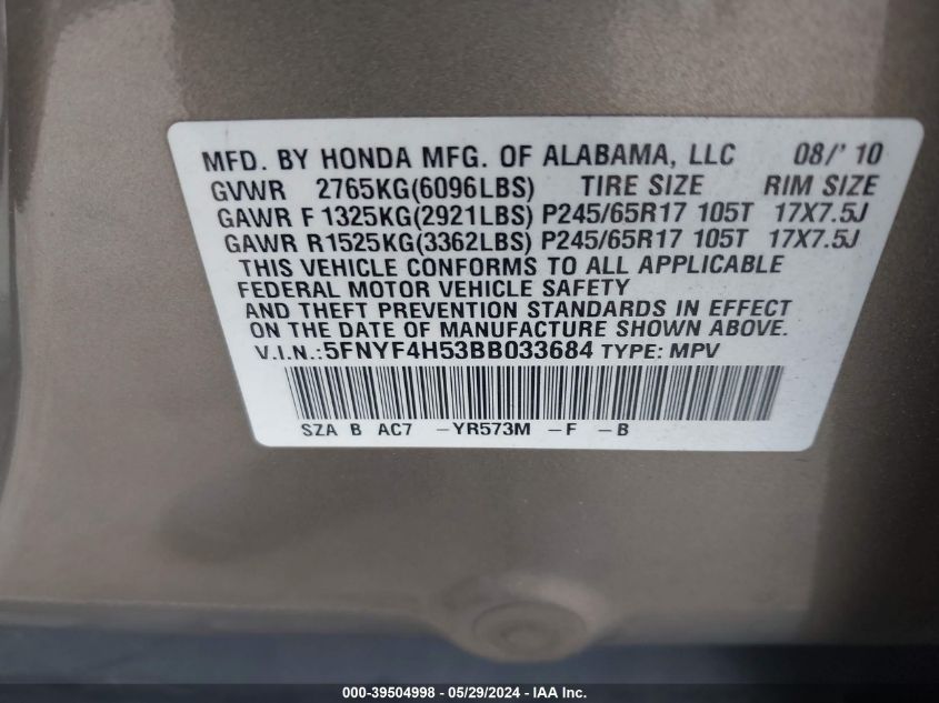 2011 Honda Pilot Ex-L VIN: 5FNYF4H53BB033684 Lot: 39504998