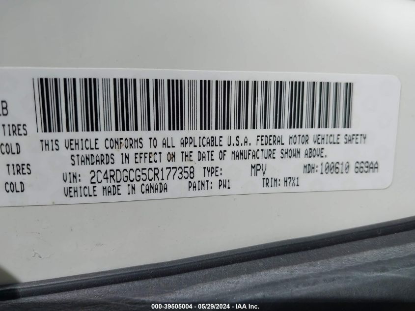 2012 Dodge Grand Caravan Sxt VIN: 2C4RDGCG5CR177358 Lot: 39505004