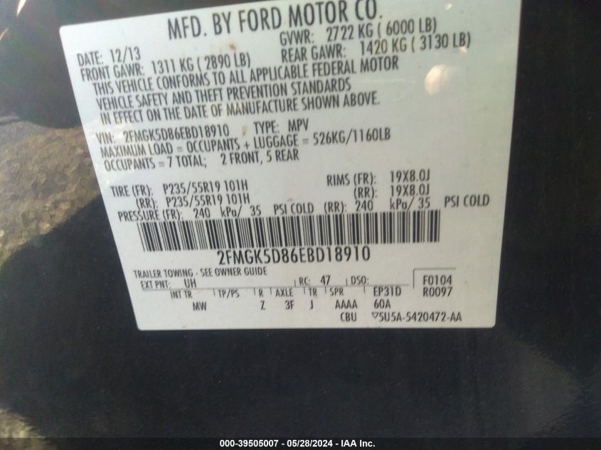 2FMGK5D86EBD18910 2014 Ford Flex Limited