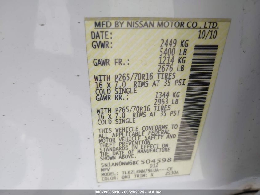 2011 Nissan Xterra S VIN: 5N1AN0NW6BC504598 Lot: 39505010