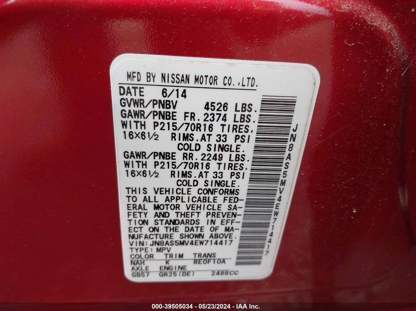 2014 Nissan Rogue Select S VIN: JN8AS5MV4EW714417 Lot: 39505034