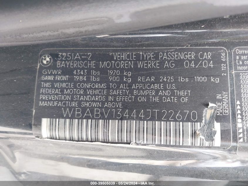2004 BMW 325Ci Ci Sulev VIN: WBABV13444JT22670 Lot: 39505039