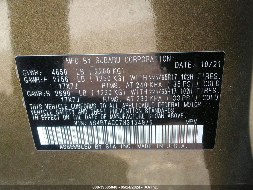 2022 Subaru Outback Premium VIN: 4S4BTACC7N3154976 Lot: 39505040