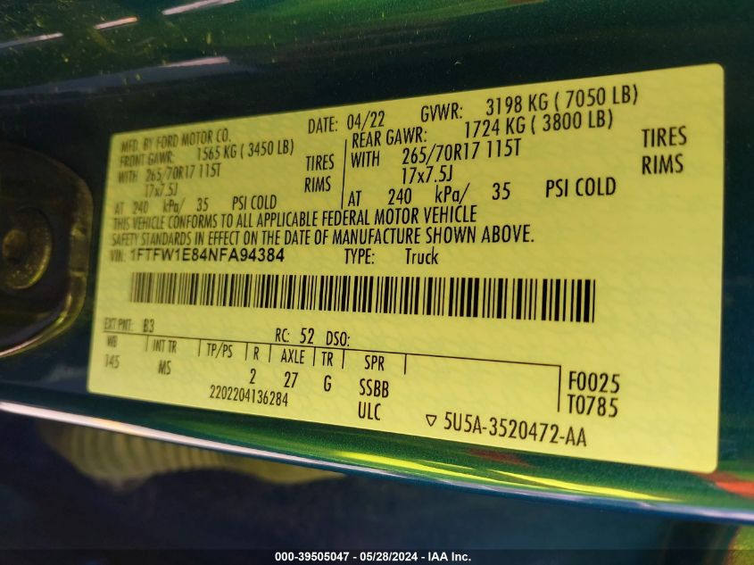 2022 Ford F-150 Xlt VIN: 1FTFW1E84NFA94384 Lot: 39505047