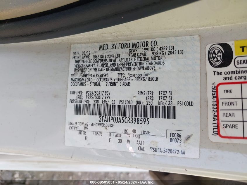 2012 Ford Fusion Sel VIN: 3FAHP0JA5CR398595 Lot: 39505051