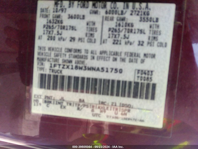 1998 Ford F-150 Lariat/Standard/Xl/Xlt VIN: 1FTZX18W3WNA51750 Lot: 39505054