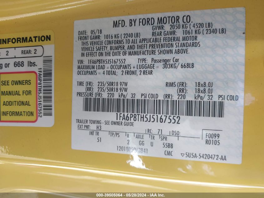 2018 Ford Mustang Ecoboost VIN: 1FA6P8TH5J5167552 Lot: 39505064
