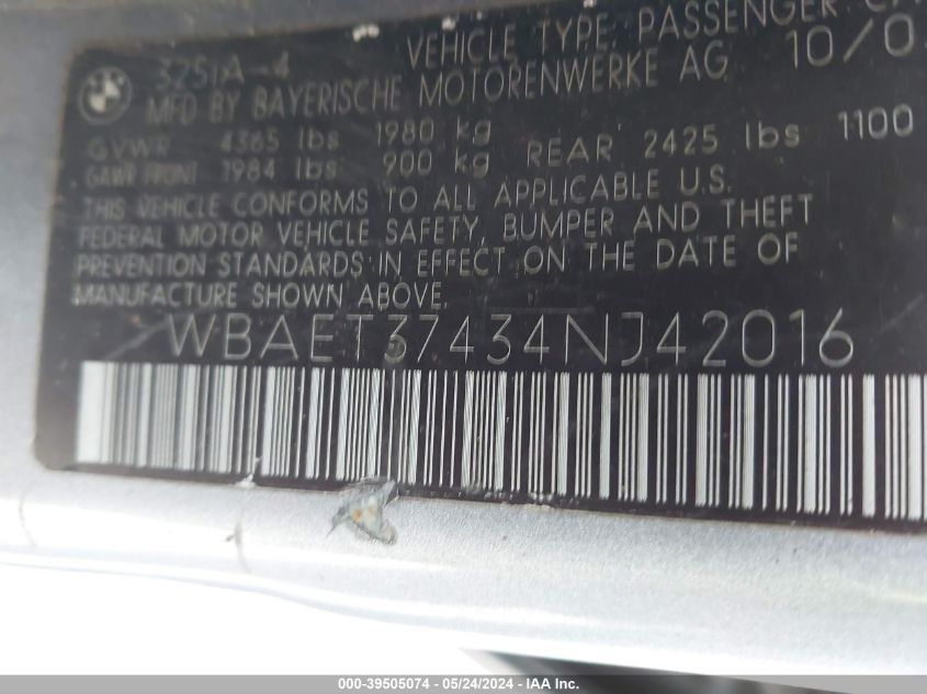 2004 BMW 325I VIN: WBAET37434NJ42016 Lot: 39505074