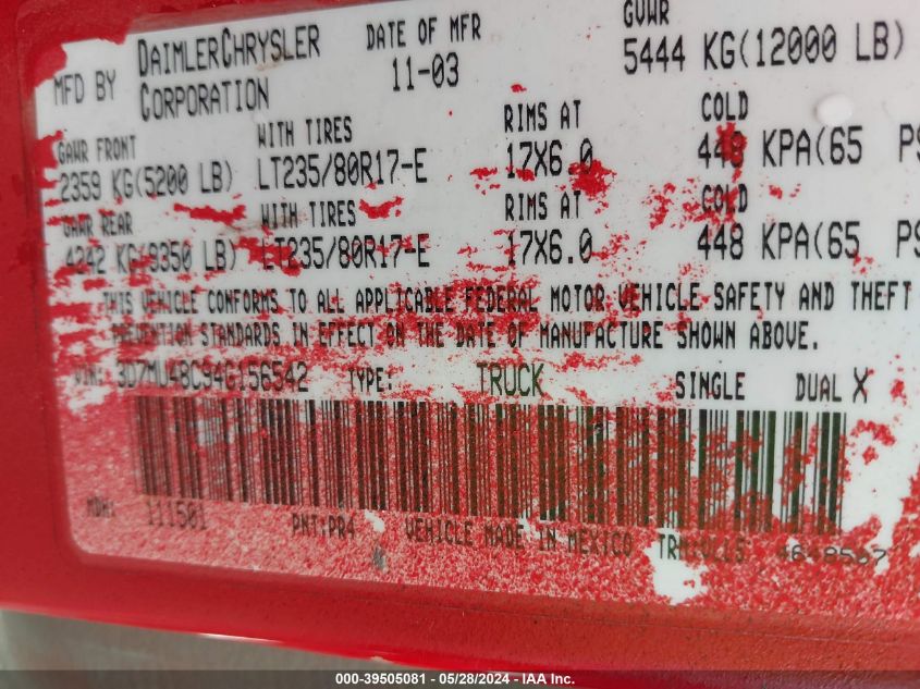 2004 Dodge Ram 3500 Slt/Laramie VIN: 3D7MU48C94G156542 Lot: 39505081