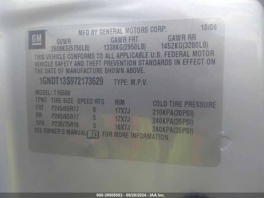 2007 Chevrolet Trailblazer Lt VIN: 1GNDT13S972173629 Lot: 39505083