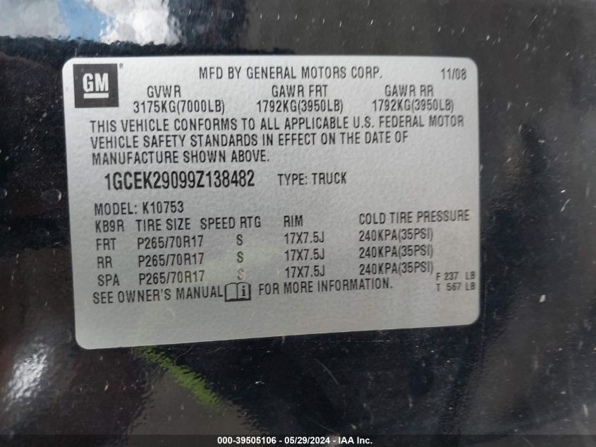 2009 Chevrolet Silverado 1500 Lt VIN: 1GCEK29099Z138482 Lot: 39505106