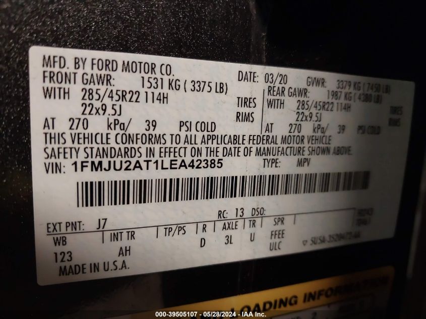 2020 Ford Expedition Limited VIN: 1FMJU2AT1LEA42385 Lot: 39505107