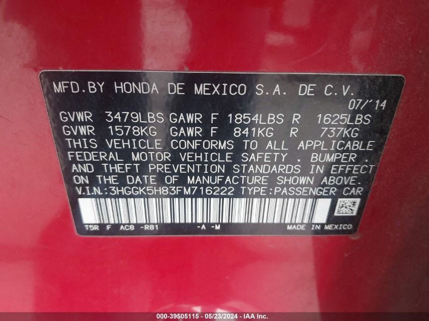 2015 HONDA FIT EX/EX-L - 3HGGK5H83FM716222