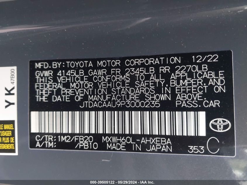 2023 Toyota Prius Le VIN: JTDACAAU9P3000235 Lot: 39505122