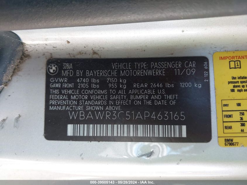 2010 BMW 328I I Sulev VIN: WBAWR3C51AP463165 Lot: 39505143