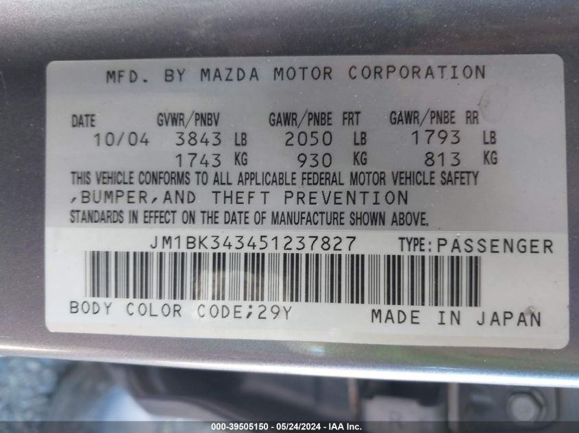 2005 Mazda Mazda3 S VIN: JM1BK343451237827 Lot: 39505150