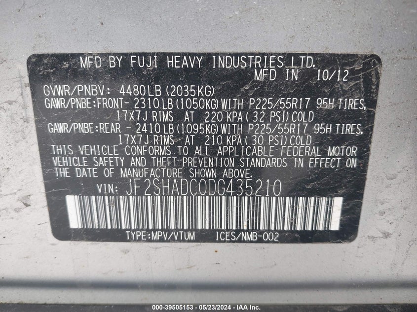 2013 Subaru Forester 2.5X Premium VIN: JF2SHADC0DG435210 Lot: 39505153