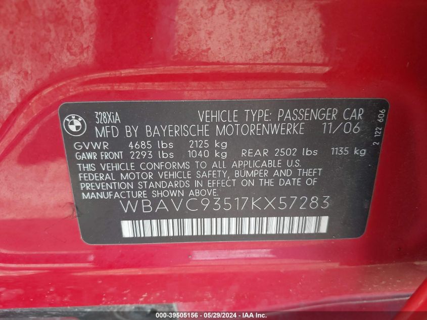 2007 BMW 328Xi VIN: WBAVC93517KX57283 Lot: 39505156
