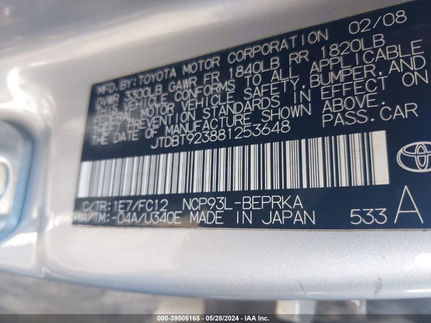 2008 Toyota Yaris VIN: JTDBT923881253648 Lot: 39505165