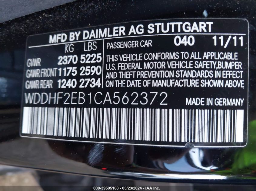 2012 Mercedes-Benz E 350 Bluetec VIN: WDDHF2EB1CA562372 Lot: 39505168