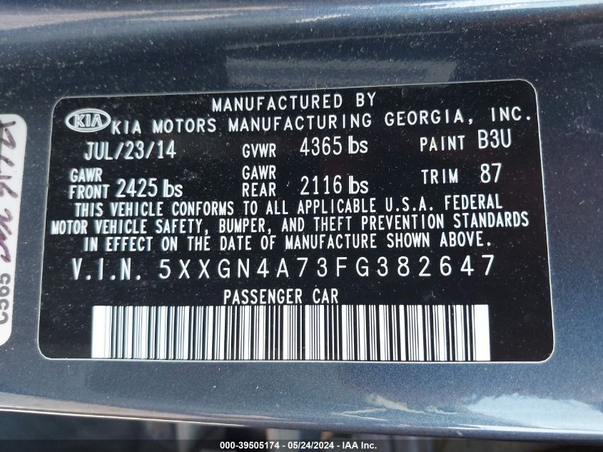 2015 Kia Optima Ex VIN: 5XXGN4A73FG382647 Lot: 39505174