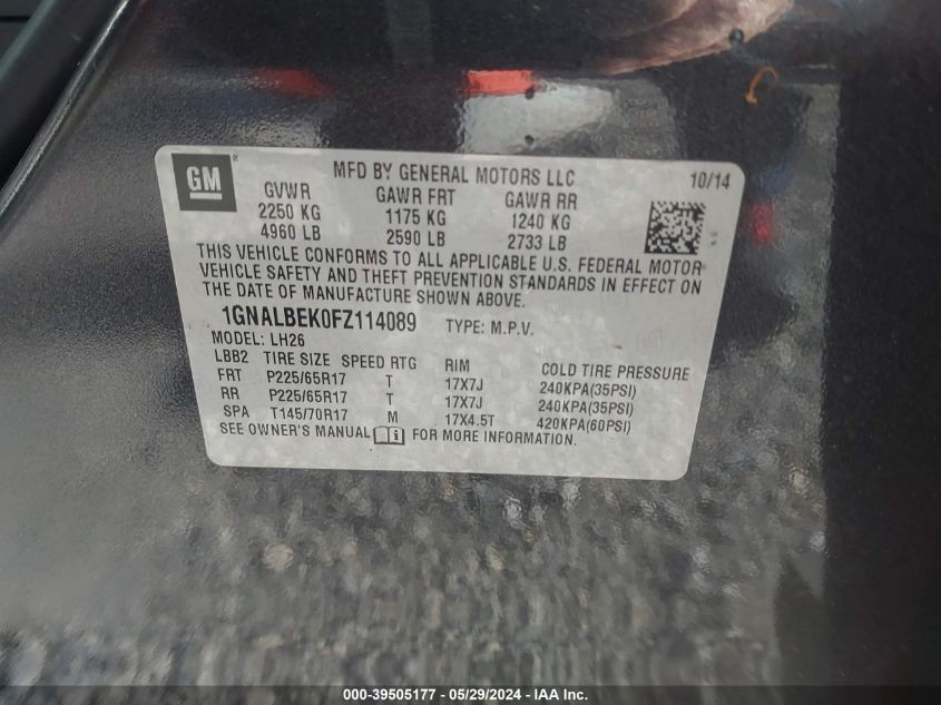 2015 Chevrolet Equinox 1Lt VIN: 1GNALBEK0FZ114089 Lot: 39505177
