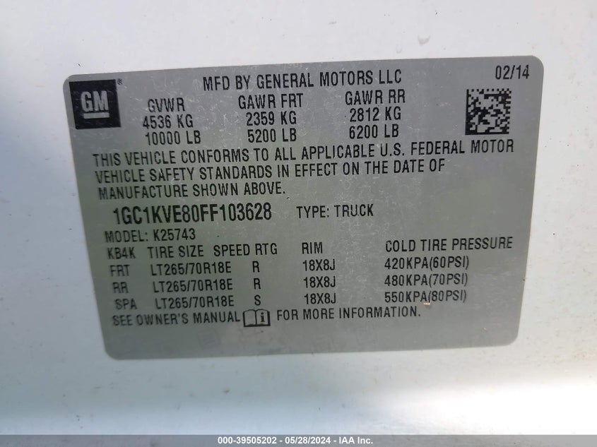 2015 Chevrolet Silverado 2500Hd Lt VIN: 1GC1KVE80FF103628 Lot: 39505202