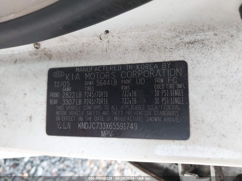 2006 Kia Sorento Ex/Lx VIN: KNDJC733X65591749 Lot: 39505229