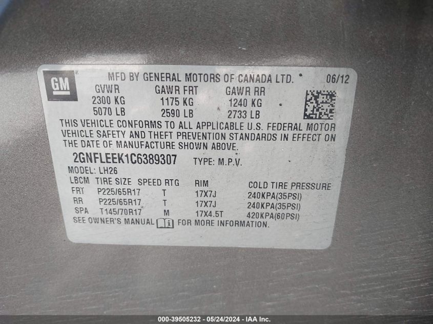 2012 Chevrolet Equinox 1Lt VIN: 2GNFLEEK1C6389307 Lot: 39505232