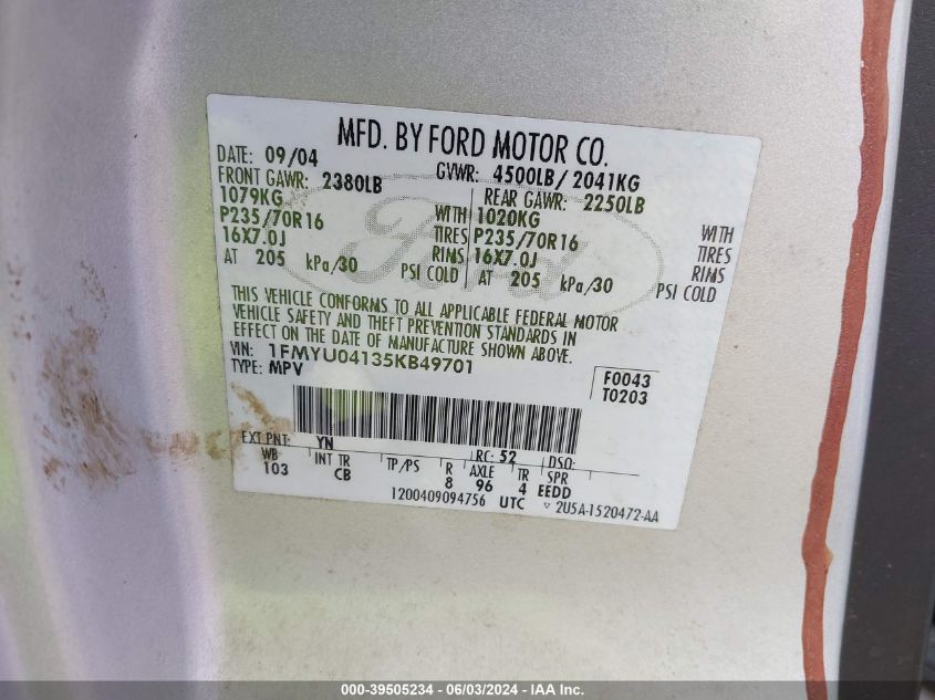 2005 Ford Escape Limited VIN: 1FMYU04135KB49701 Lot: 39505234