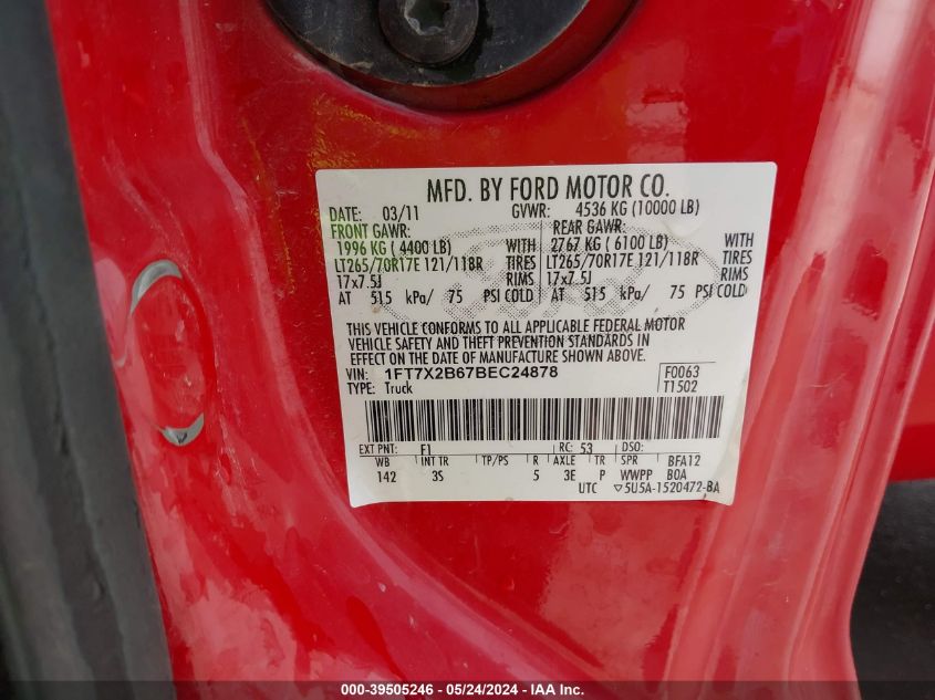 2011 Ford F-250 Xlt VIN: 1FT7X2B67BEC24878 Lot: 39505246