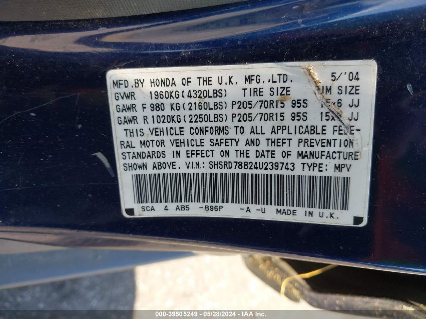2004 Honda Cr-V Ex VIN: SHSRD78824U239743 Lot: 39505249