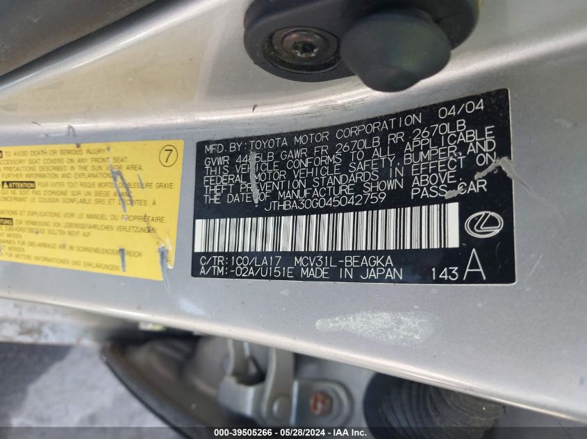 2004 Lexus Es 330 VIN: JTHBA30G045042759 Lot: 39505266