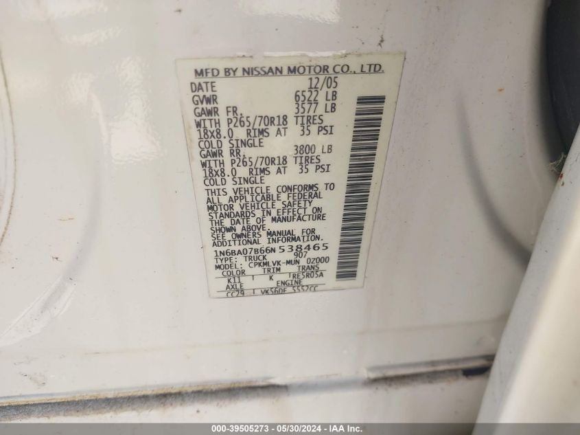 2006 Nissan Titan Le VIN: 1N6BA07B66N538465 Lot: 39505273