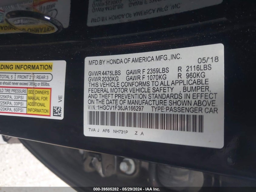 VIN 1HGCV1F36JA166297 2018 HONDA ACCORD SPORT