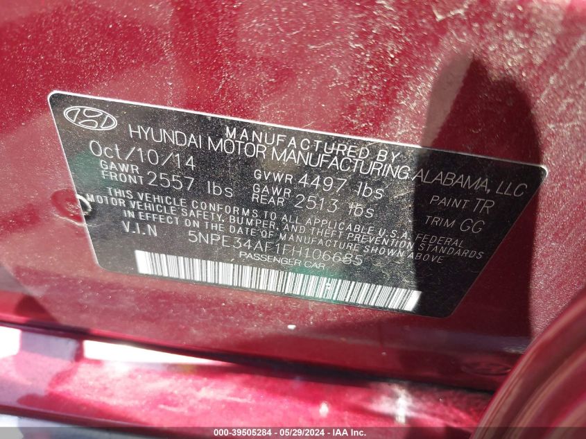 2015 Hyundai Sonata Sport VIN: 5NPE34AF1FH106685 Lot: 39505284