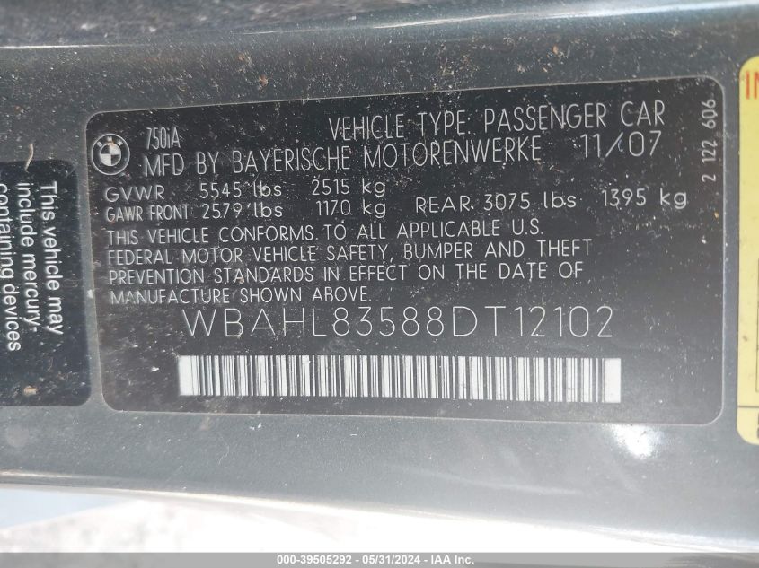 2008 BMW 750I VIN: WBAHL83588DT12102 Lot: 39505292