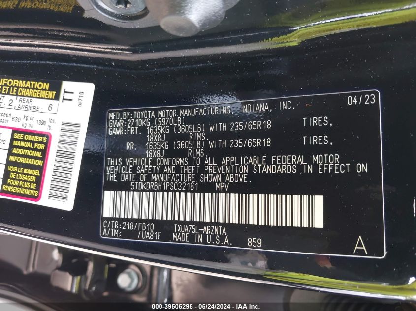 2023 Toyota Highlander L VIN: 5TDKDRBH1PS032161 Lot: 39505295