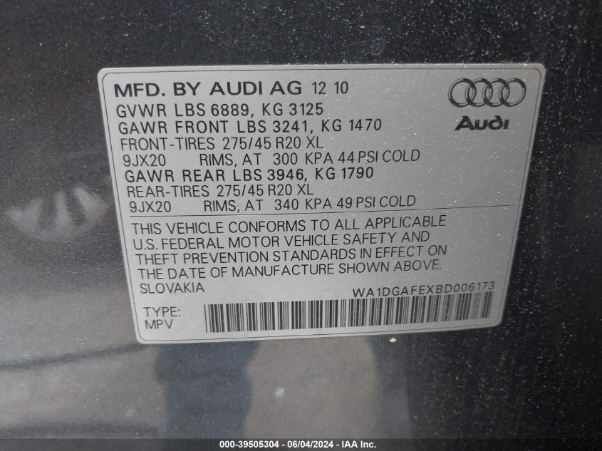 2011 Audi Q7 3.0T S Line Prestige VIN: WA1DGAFEXBD006173 Lot: 39505304