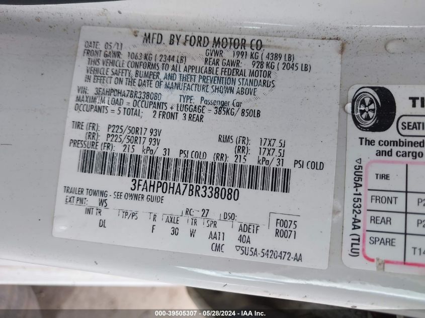 2011 Ford Fusion Se VIN: 3FAHP0HA7BR338080 Lot: 39505307