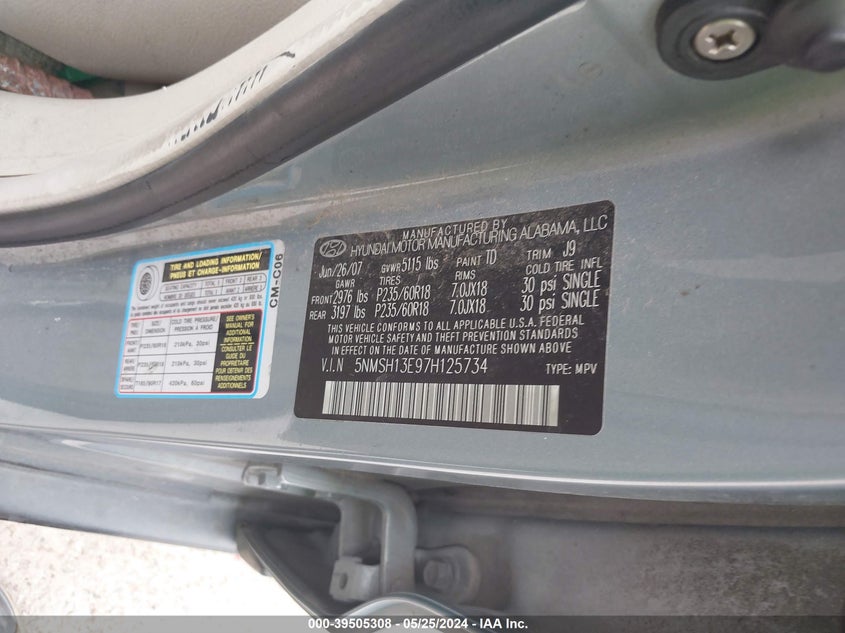 2007 Hyundai Santa Fe Limited/Se VIN: 5NMSH13E97H125734 Lot: 39505308