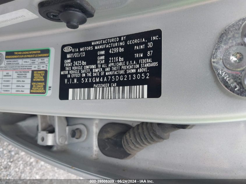 2013 Kia Optima Lx VIN: 5XXGM4A75DG213052 Lot: 39505309