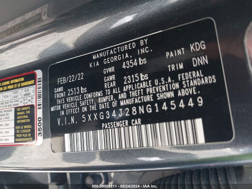 2022 Kia K5 Ex VIN: 5XXG34J28NG145449 Lot: 39505311