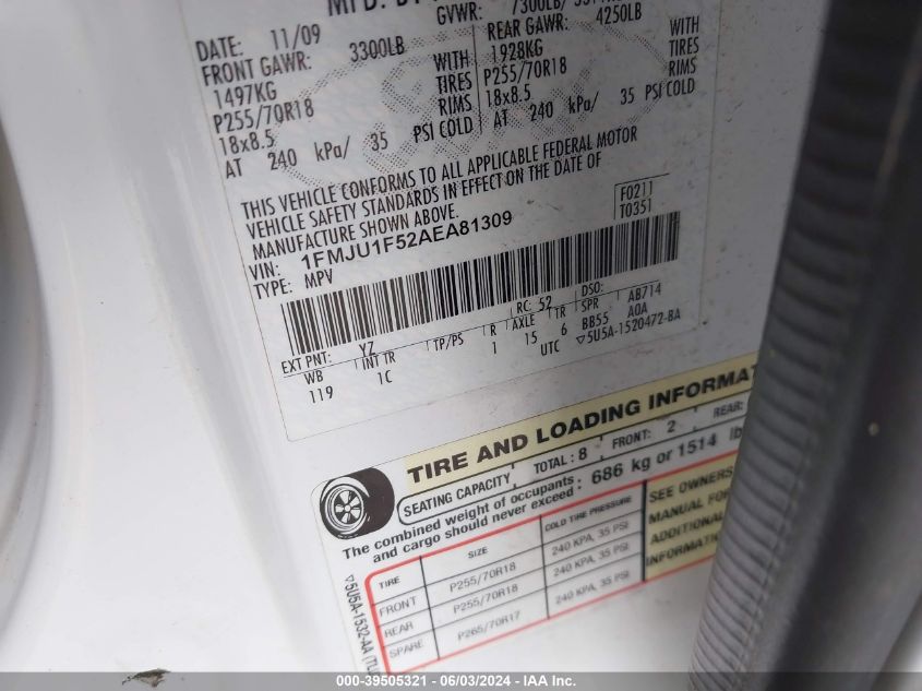 2010 Ford Expedition Xlt VIN: 1FMJU1F52AEA81309 Lot: 39505321