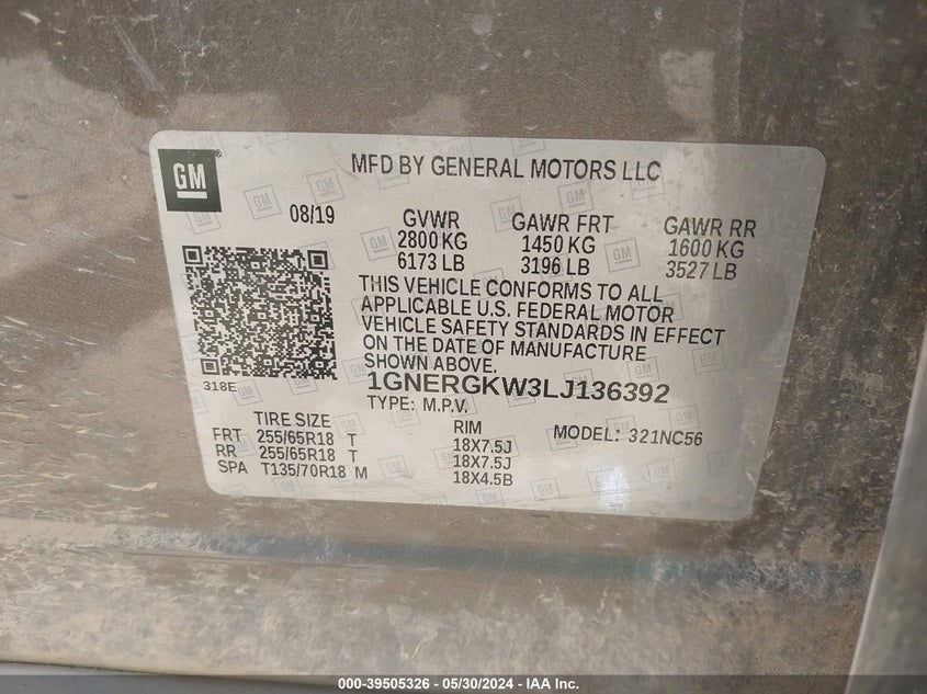 2020 CHEVROLET TRAVERSE FWD LT CLOTH - 1GNERGKW3LJ136392