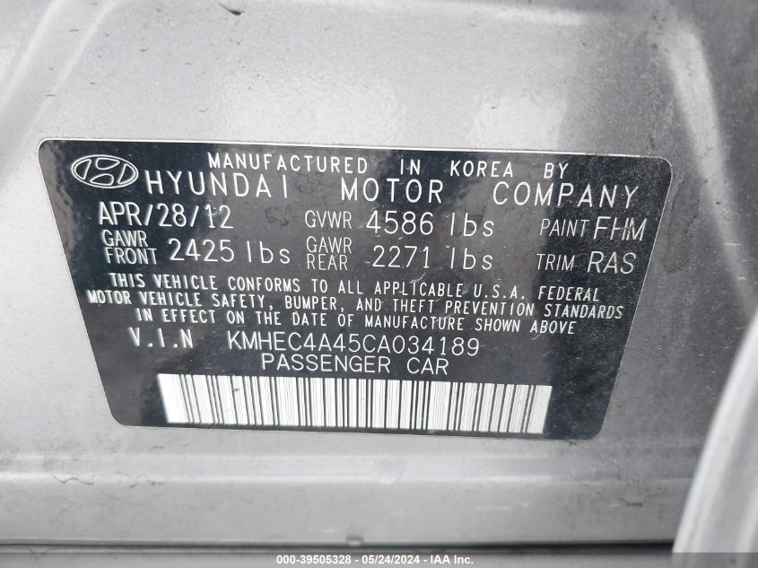 2012 Hyundai Sonata Hybrid VIN: KMHEC4A45CA034189 Lot: 39505328