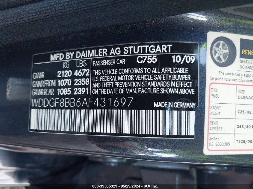 2010 Mercedes-Benz C 300 Luxury 4Matic/Sport 4Matic VIN: WDDGF8BB6AF431697 Lot: 39505329