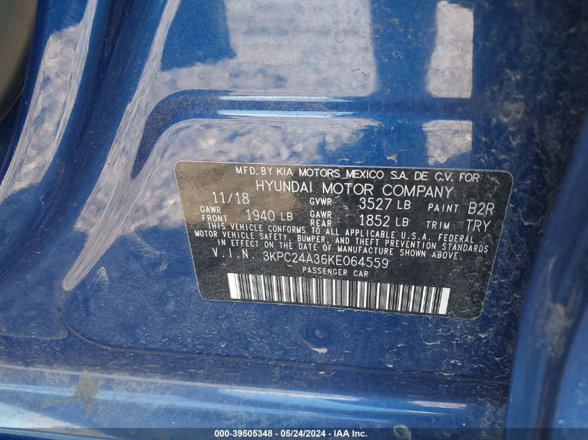 2019 Hyundai Accent Se VIN: 3KPC24A36KE064559 Lot: 39505348